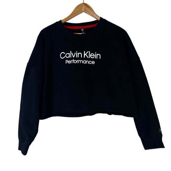 Calvin Klein Performance Crop Tight Knit Sweatshirt Womens XL Black Athleisure - Picture 2 of 7